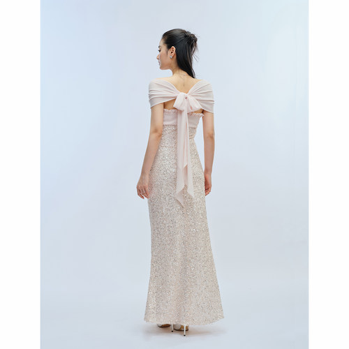 J TheChosen“柔蔓”原创设计 亮片飘带拼接蝴蝶结修身雪纺连衣裙 - 图3