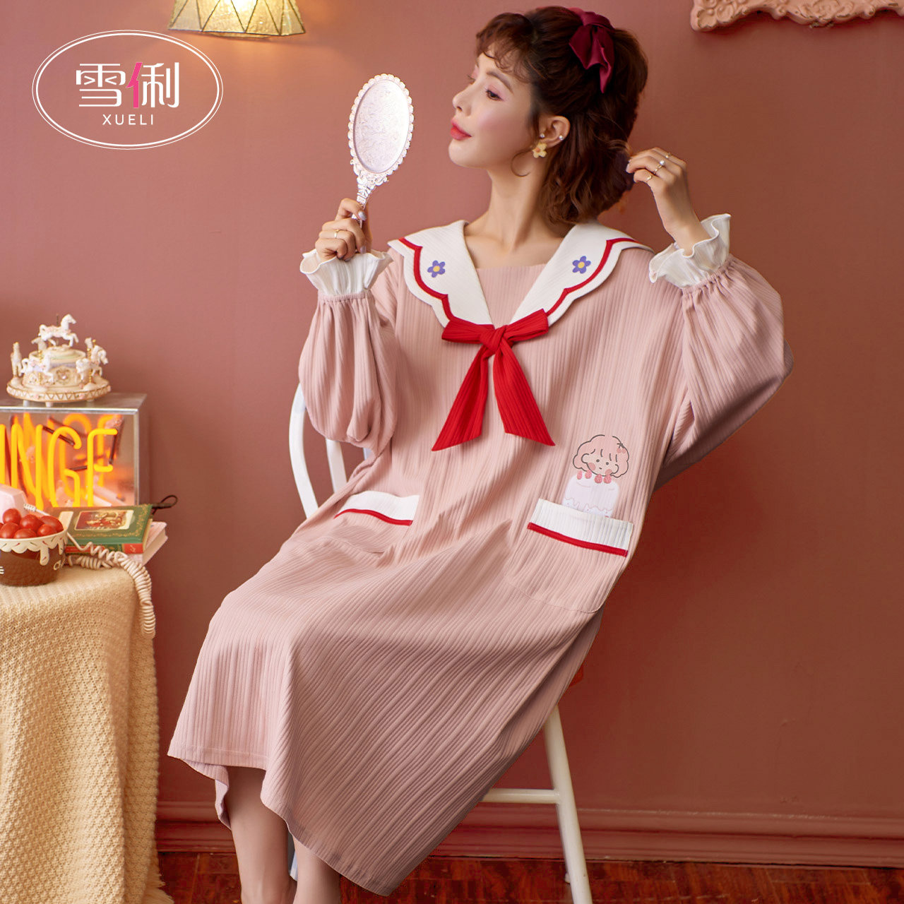 雪俐春秋季长袖卡通棉质娃娃领睡裙 雪俐睡裙