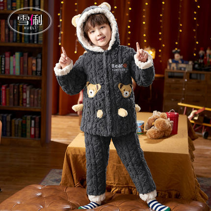 雪俐儿童睡衣男童装法兰绒秋冬季三层加厚款夹棉男孩珊瑚绒家居服