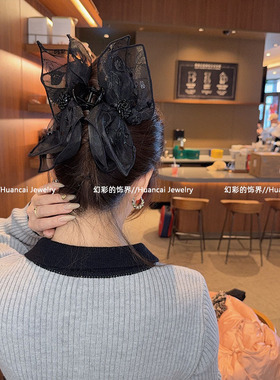 1203《伯爵玫瑰》黑色蕾丝欧根纱蝴蝶结大号13厘米抓夹精致鲨鱼夹