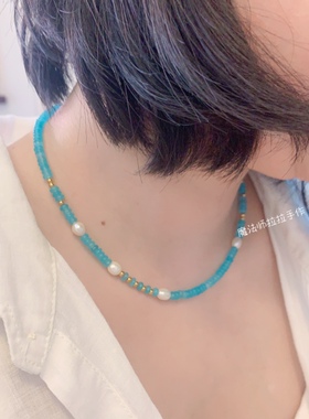 水蓝真石淡水珍珠拼接欧美风项链