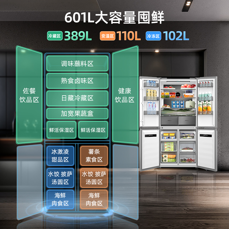 美菱超薄杀新冠601l十字对开电冰箱 美菱厨房冰箱