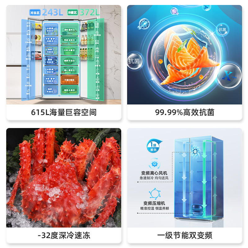 美菱615L超薄嵌入双开对开门变频风冷无霜家用大容量一级电冰箱-图2