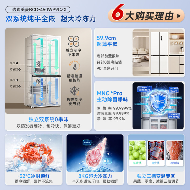 美菱无忧嵌60cm零嵌双系统450L十字四门冰箱无霜家用政换新贴20%