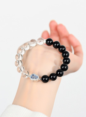 天然黑曜石白水晶葫芦手链