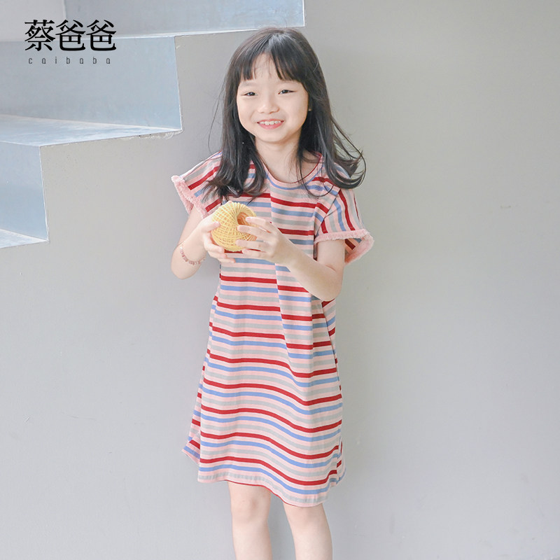 蔡爸爸原创童装 文艺新款夏装 女童连衣裙 大童洋气条纹裙子167,淘宝优惠券,粉丝福利购,淘宝优惠卷