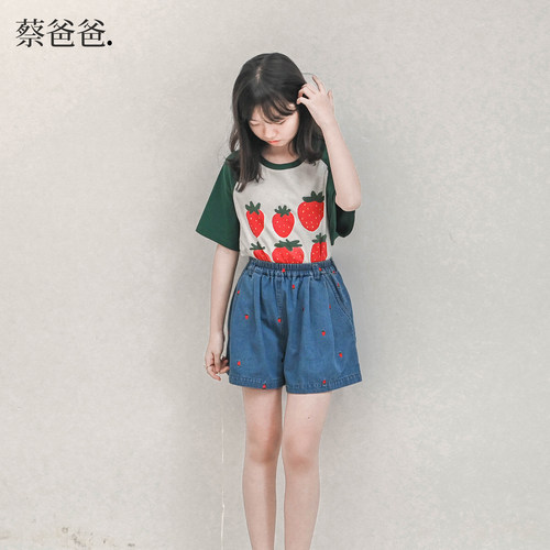 蔡爸爸原创童装蓝色牛仔短裤新款夏装中大童女孩草莓热裤085+892 - 图0