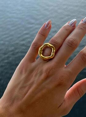 欧美ins冷淡风不规则镂空开口戒指 时尚质感花朵珍珠指环Ring