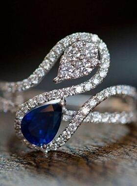 轻奢ebay新款蓝色水滴锆石戒指 时尚潮男女指环亚马逊热卖