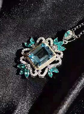 轻奢小红书推荐项饰 豪华海蓝色仿锆石吊坠 高档豪华轻奢流行项链