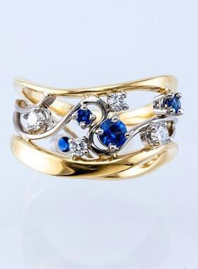 轻奢 时尚多色几何图案女士戒指 镶锆石波浪线条指环热卖