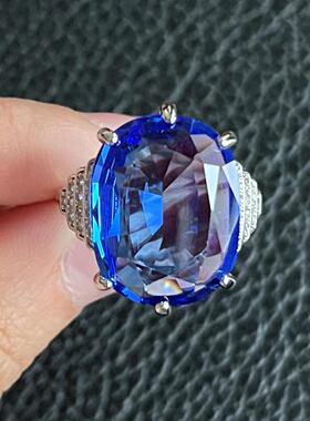轻奢欧美时尚热卖订婚鹅蛋形戒指 镶嵌宝蓝色托帕石指环手饰
