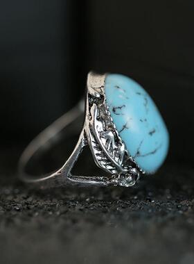 wish新款 欧美时尚彷绿松石羽毛戒指 女复古创意宝石指环饰品