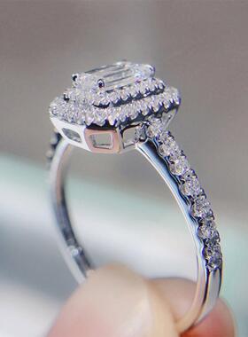 轻奢ebay新款ring 时尚个性方形锆石白金戒指女 满钻订婚求婚指环