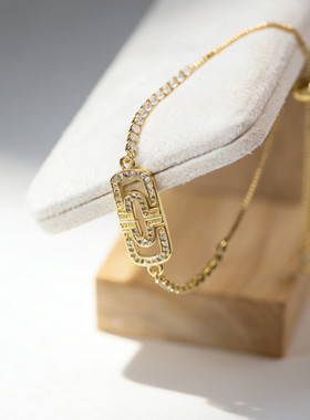 金色镶钻几何链条手链高级感