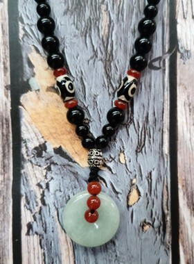 原创民族风翡翠平安扣黑曜石佛珠项链男士女士长款百搭毛衣链饰品