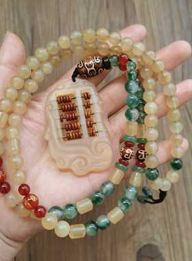 复古民族风无事牌坠羊角玉髓玛瑙佛珠项链男士女士长款毛衣链饰品