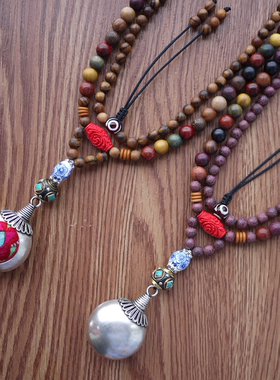 复古民族风苗银女士原创佛珠项链