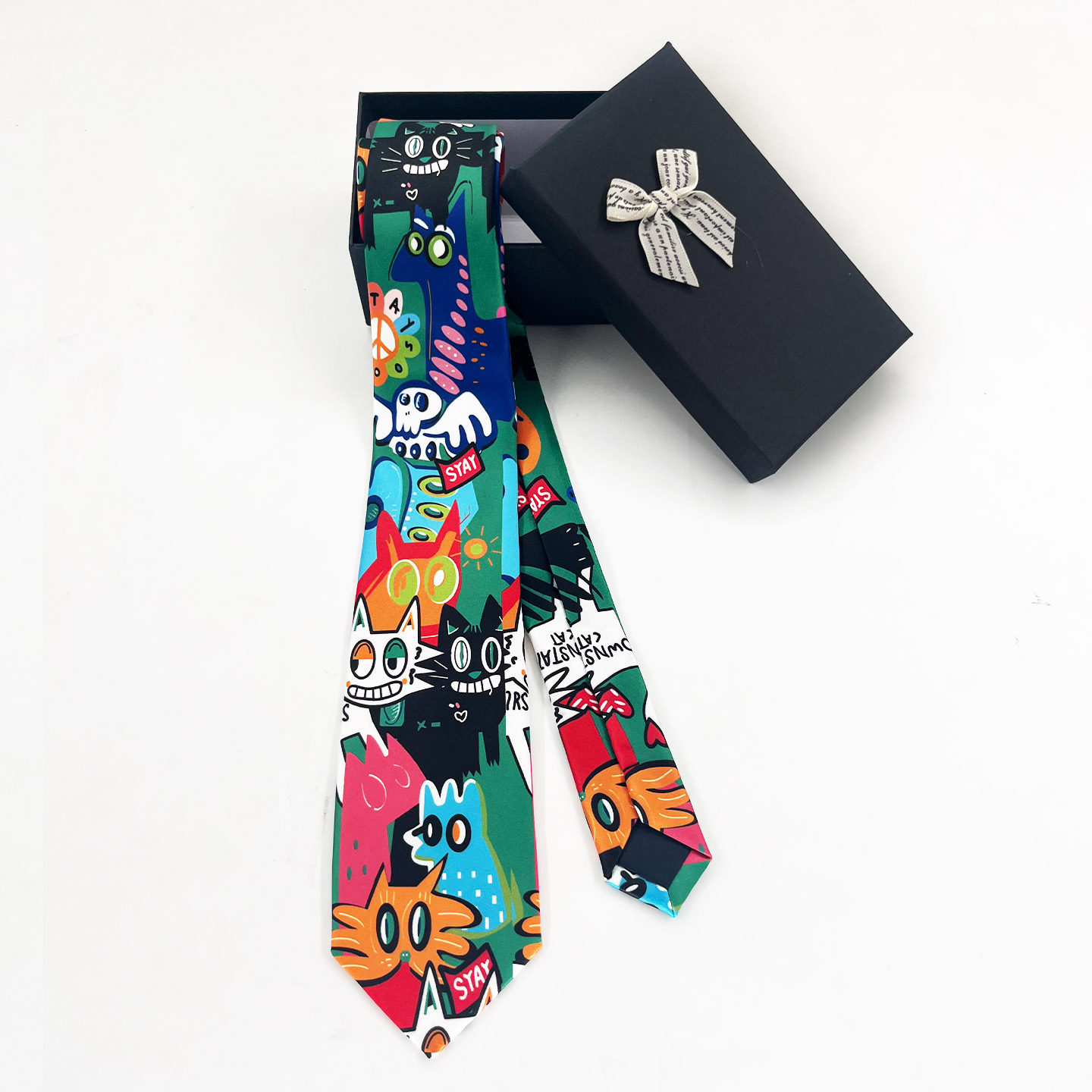 荷囊领带衬衫男女卡通风手打小众学院休闲配饰撞色设计绿色龇牙猫,淘宝优惠券,粉丝福利购,淘宝优惠卷