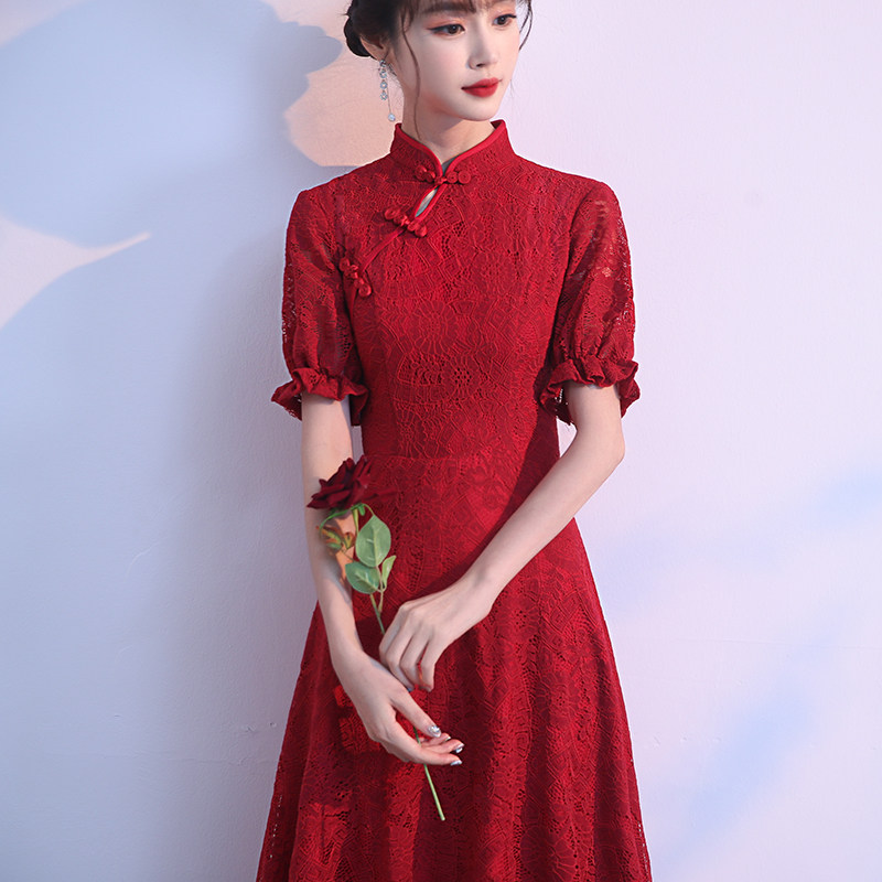 新娘平时可穿长款气质酒红色敬酒服 纪舒雅礼服/晚装