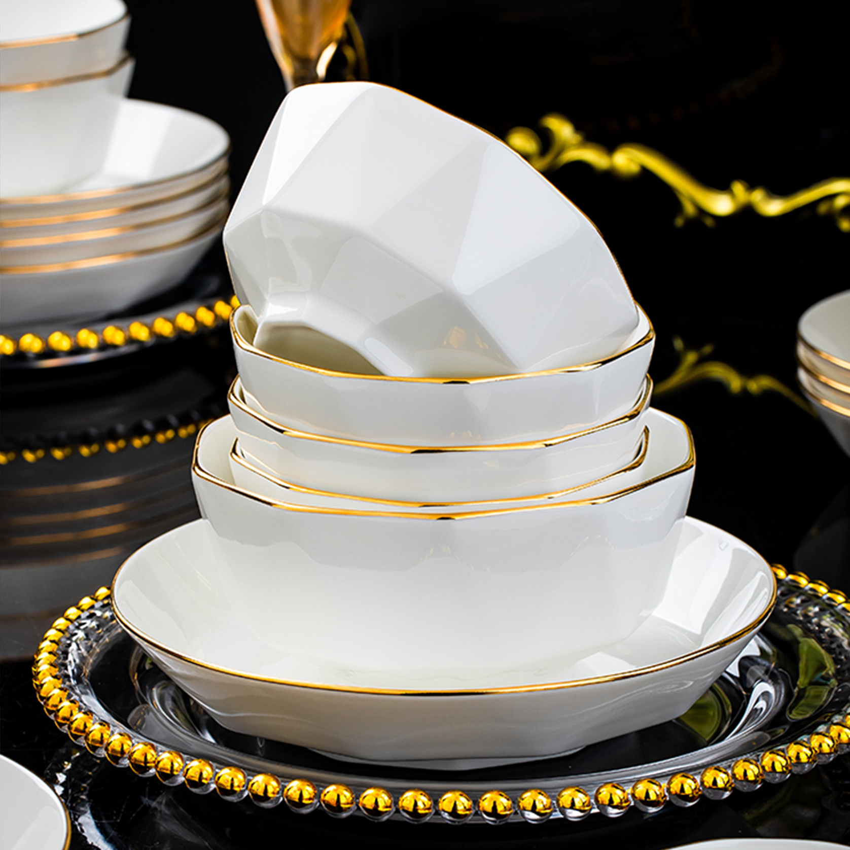 金边钻石碗碟组合家用饭碗盘子轻奢欧式高档景德镇陶瓷餐具2024新 - 图1