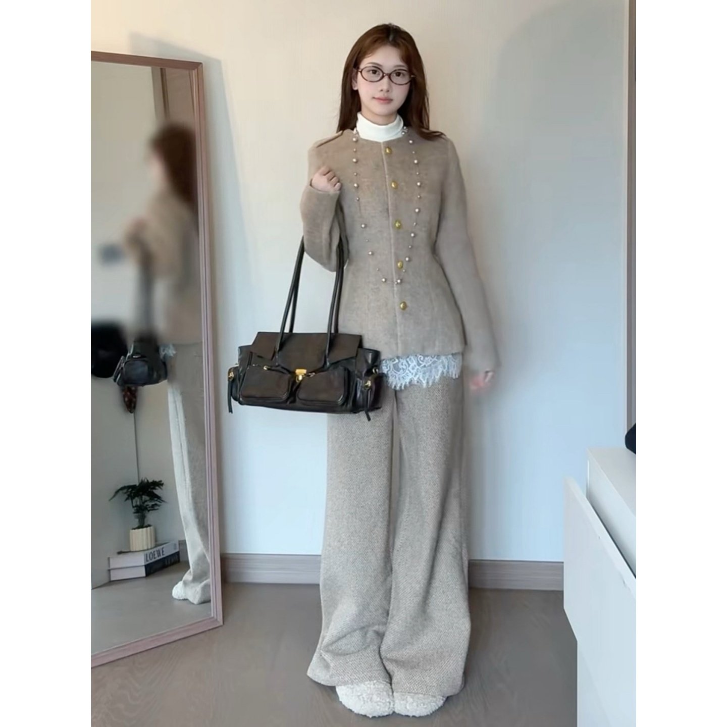 大码胖mm秋季小香风毛呢外套内搭蕾丝衫阔腿长裤子时尚三件套装女,淘宝优惠券,粉丝福利购,淘宝优惠卷