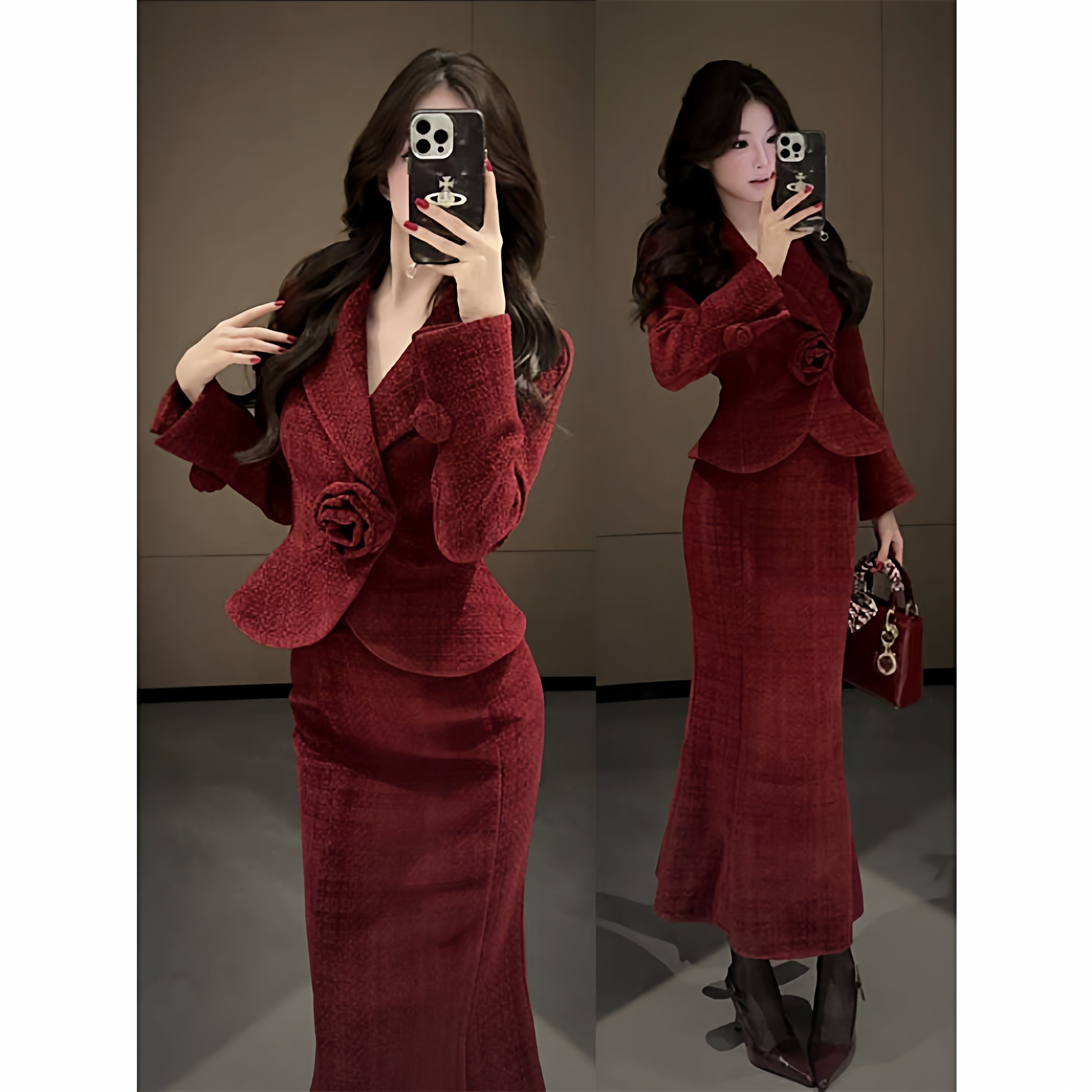 大码胖mm法式复古立体玫瑰外套女小香风包臀鱼尾半裙两件套装ins,淘宝优惠券,粉丝福利购,淘宝优惠卷