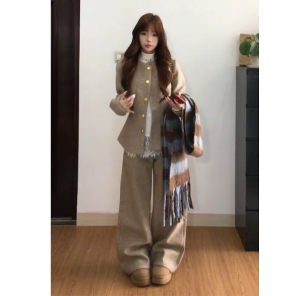 大码胖mm气质一整套女韩系时尚毛呢外套内搭蕾丝衫阔腿裤三件套装,淘宝优惠券,粉丝福利购,淘宝优惠卷