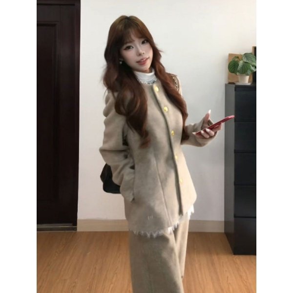 大码胖mm气质一整套女韩系时尚毛呢外套内搭蕾丝衫阔腿裤三件套装,淘宝优惠券,粉丝福利购,淘宝优惠卷