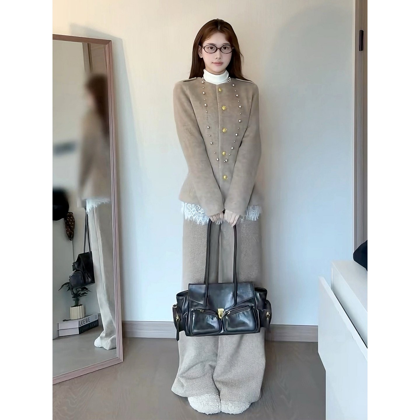 大码胖mm秋季小香风毛呢外套内搭蕾丝衫阔腿长裤子时尚三件套装女,淘宝优惠券,粉丝福利购,淘宝优惠卷