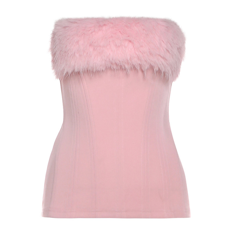 怪诞女孩 秋冬甜美粉色毛毛拼接抹胸上衣袖套毛绒半身裙三件套女,淘宝优惠券,粉丝福利购,淘宝优惠卷