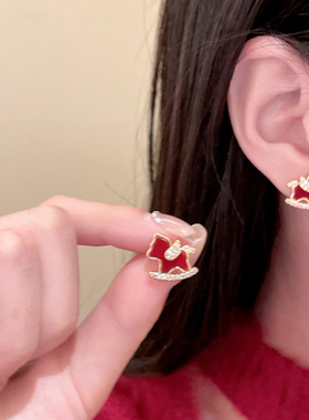 新年红色微镶锆石小马项链s925银针小马耳钉耳环