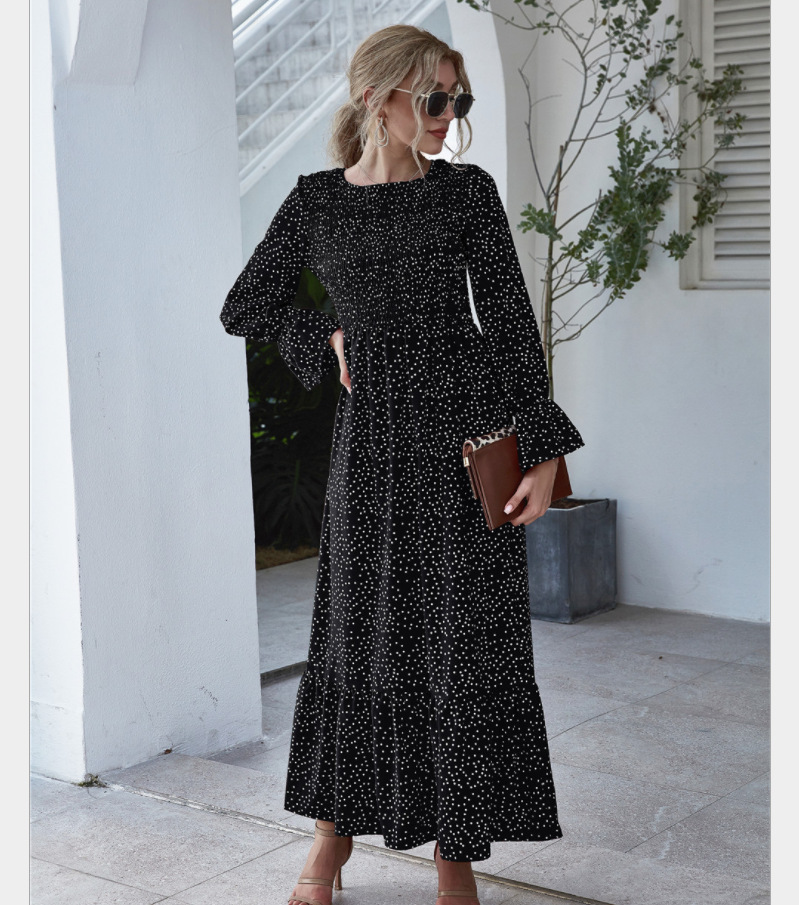 Printed polka dots long-sleeved one-piece dress长袖连衣长裙