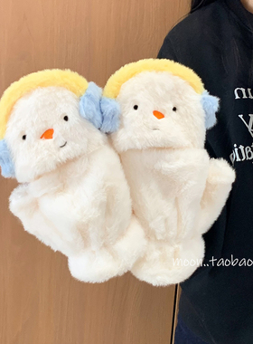 毛绒绒耳机雪人五指手套女冬季保暖加绒骑车分指防寒可爱翻盖手套