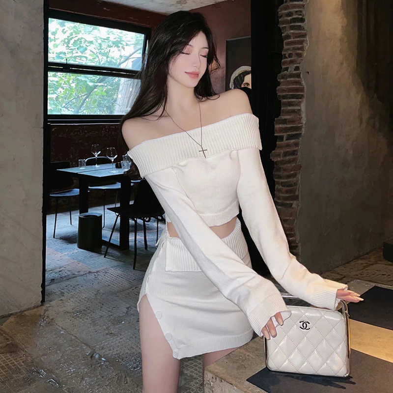 2021秋冬新款纯欲针织套装露肩毛衣 羞羞童连衣裙