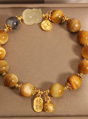 天然金发晶水晶月光石手链女吞金兽黄虎眼石黄发晶手串送女友闺蜜