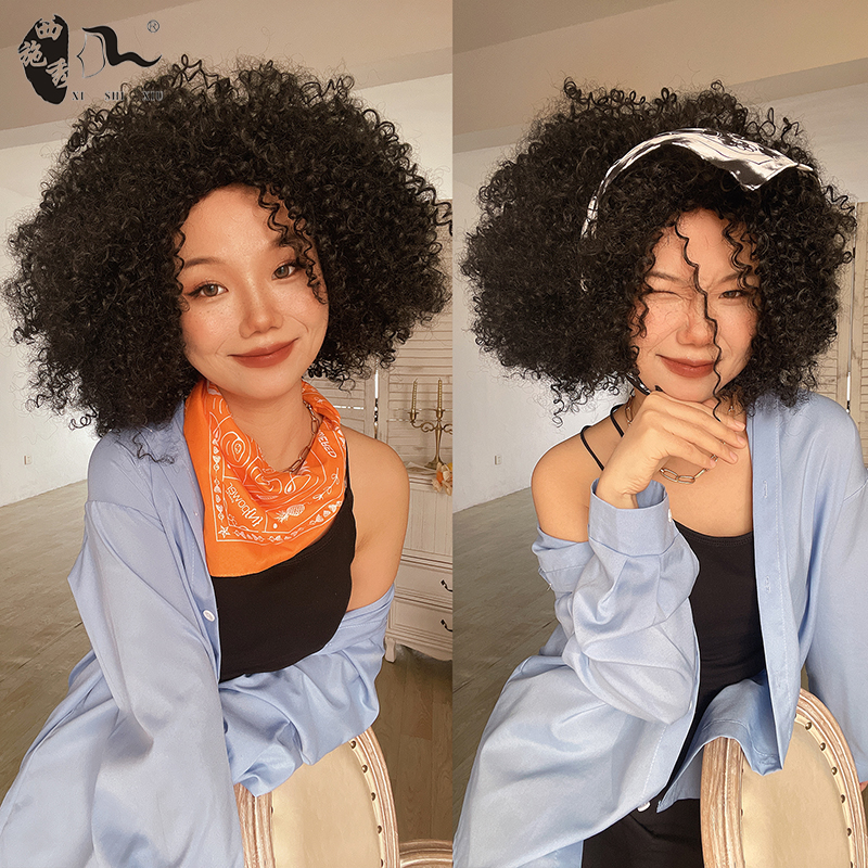 非洲卷发黑人假发蓬松爆炸头刘海头套Afro kinky curly hair wigs - 图0