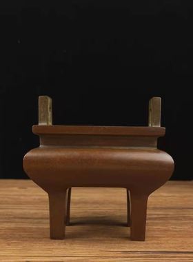 纯铜香炉紫铜四方鼎炉摆件