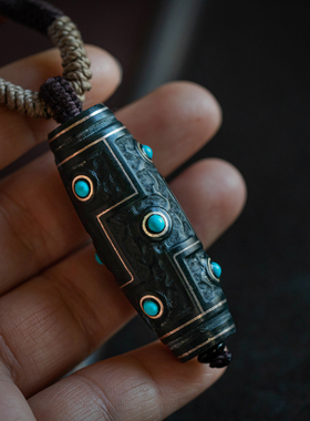 孤品【天珠】老料和田青玉复古天珠吊坠镶嵌菱镁矿项链  一物一图