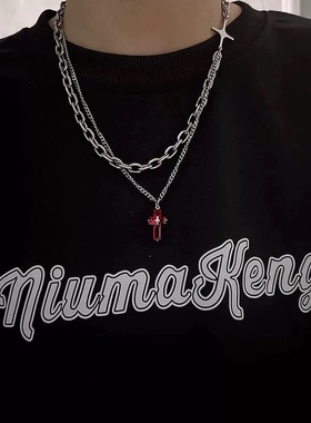 双层叠戴红色十字架项链