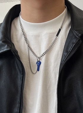 钛钢不掉色蓝色钥匙吊坠项链