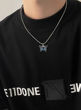 钛钢不掉色蓝色蝴蝶项链古巴链