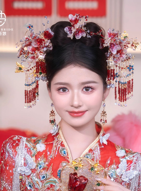 结婚新中式秀禾服新娘头饰2025红色减龄晨袍超仙龙凤褂汉服头饰