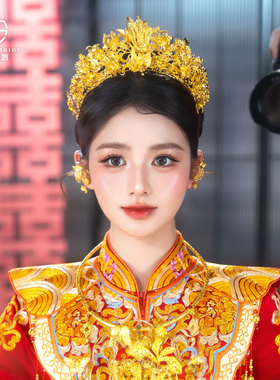 全金色新娘新凤冠头饰百搭金冠凤钗花朵流苏龙凤褂秀禾服发饰品女