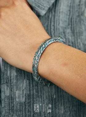口力米大复古小众男足银镶金手镯
