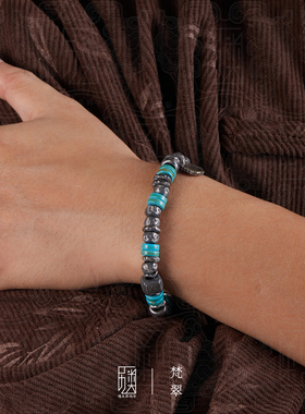 梵翠-纯银锤纹隔珠手链仿绿松石串珠复古高级感手串男女送人礼物