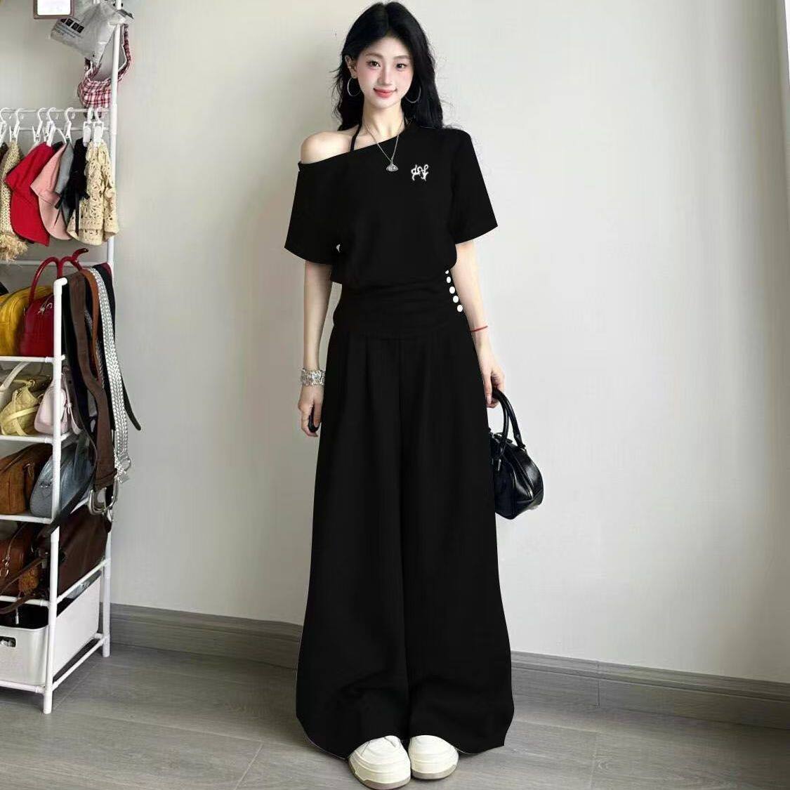 盐系少女感休闲运动套装女夏季灰色一字肩收腰短袖阔腿裤两件套,淘宝优惠券,粉丝福利购,淘宝优惠卷