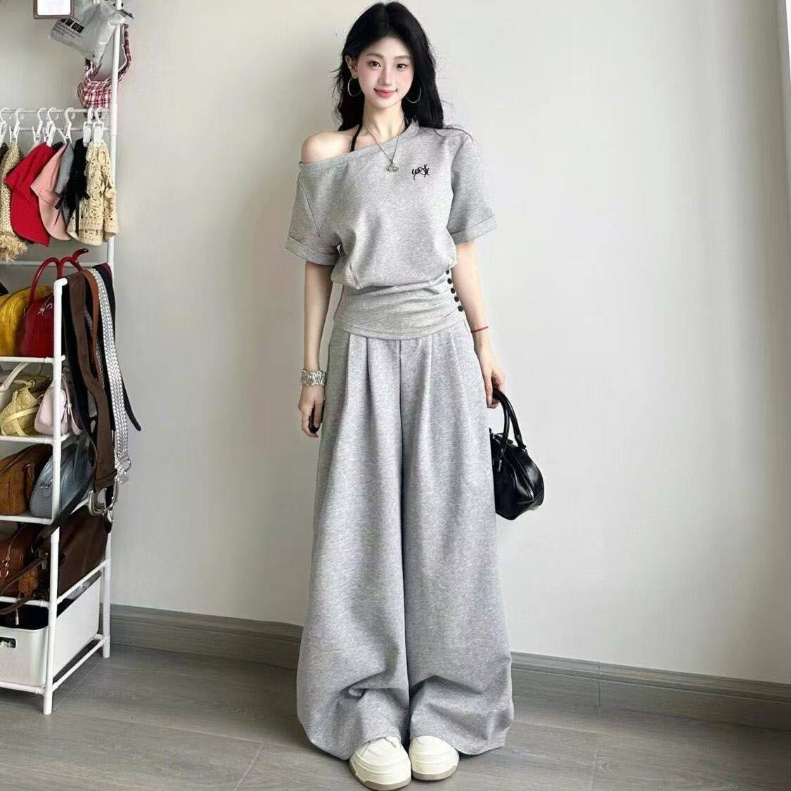 盐系少女感休闲运动套装女夏季灰色一字肩收腰短袖阔腿裤两件套,淘宝优惠券,粉丝福利购,淘宝优惠卷