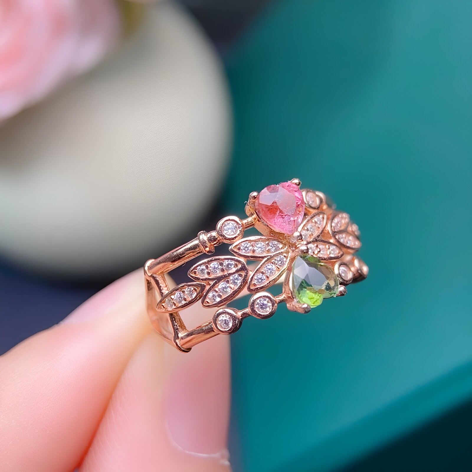 Natural Colorful Candy Tourmaline Women's Ring Sweet Flowers