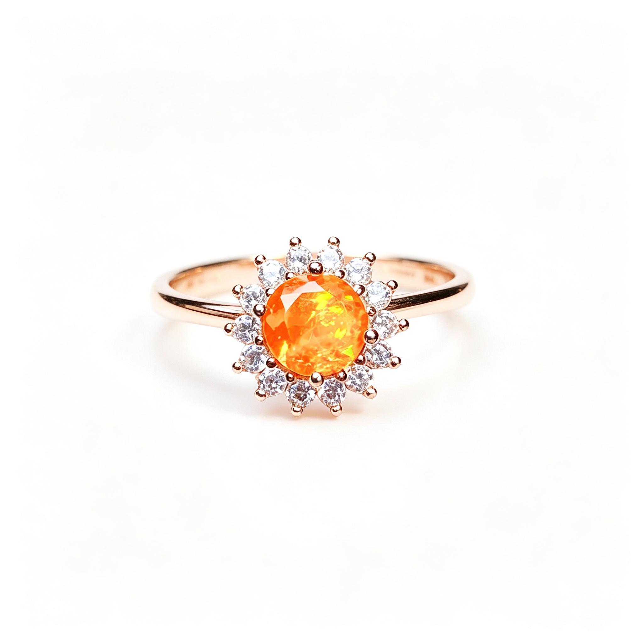 Winter Warm Sun Natural Fire Opal Sunflower Girl Ring
